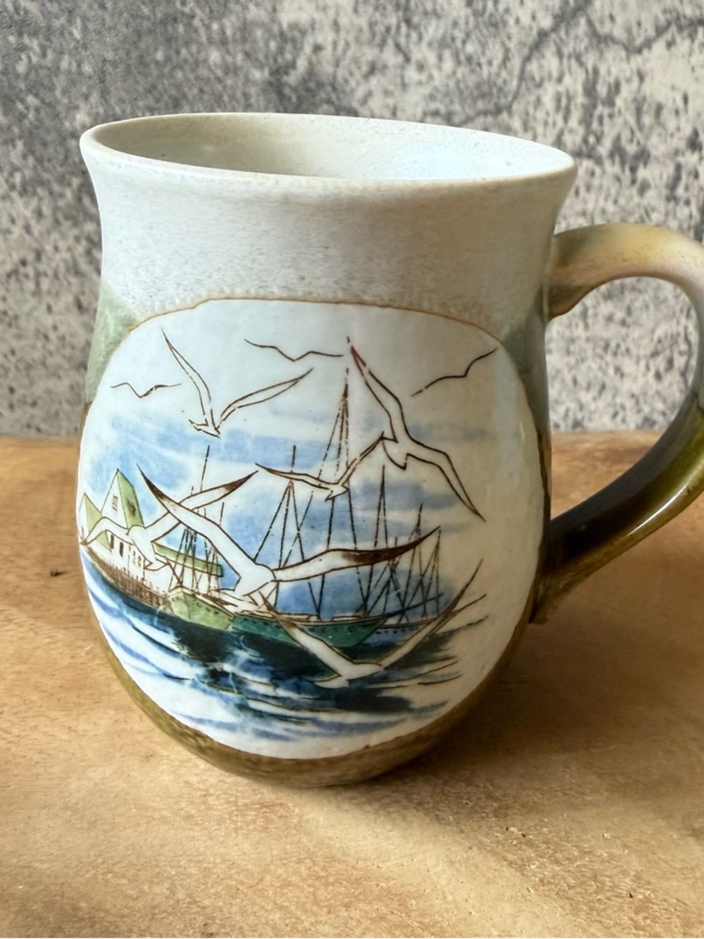 Vintage Hand-Painted Seaside Coastal Ceramic Mug in Green and Blue